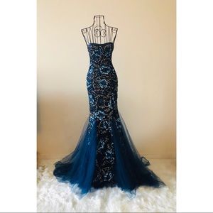 SHERRI HILL Blue Sequin Mermaid Gown